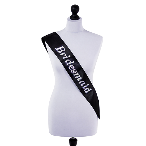 Bridesmaid sash in black with silver lettering