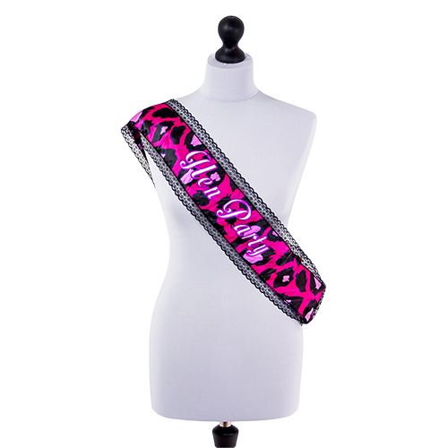 Hen Party Leopard Print Pink and Black Sash with Black Lace Trim 