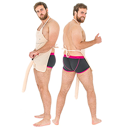 Two shots of the male model wearing the willy apron from the side and from the back