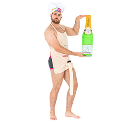 A model wearing the willy apron whilst wearing a gay icon chef hat and holding an inflatable champagne bottle 