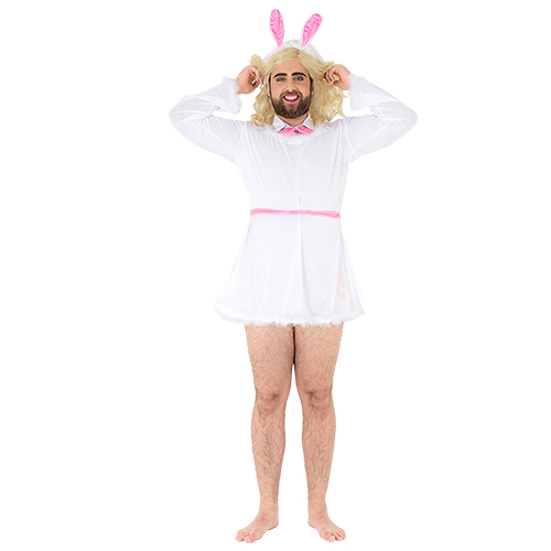 Stag do bunny costume, with model's hands on head