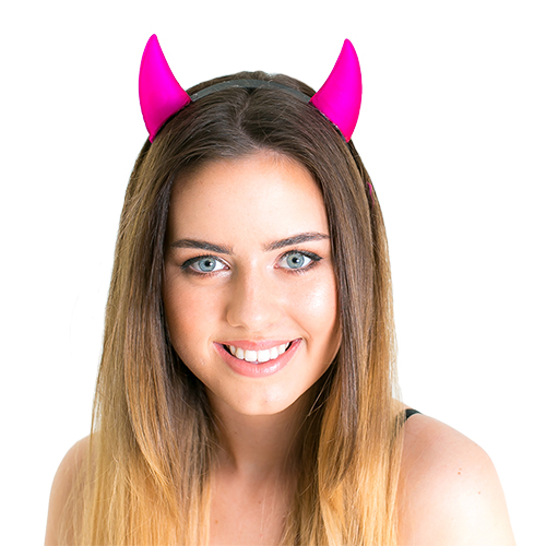Close up of model wearing Pink Reflective Horns