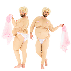 Two shots of the male model in the stripper costume, including one of him from the back whilst holding the negligee and one of him from the front