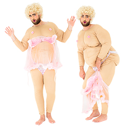 Two images of a male model in the stripper costume, including one og him from the front whilst wearing the pink negligee and one from the side 