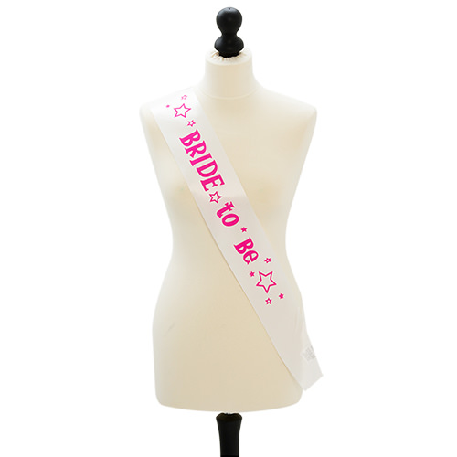 White Bride To Be Sash With Stars on mannequin 