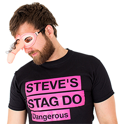 A male model wearing the willy eye mask and looking down 