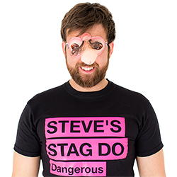 A close up of the male model wearing the willy eye mask from the front 