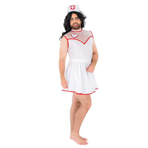 A male model wearing the male nurse costume and hat 