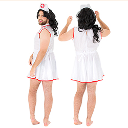 Two images of the male model costume, featruing one image from the back and one from the side