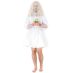 Male bride costume modelled with veil over face