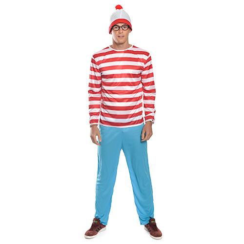 Official Wheres Wally Costume Includes Stripe T-Shirt, Hat & Blue Trousers
