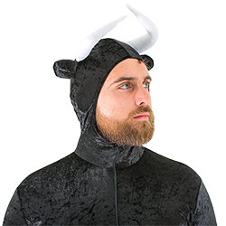 A close up of the male model wearing the bull costume