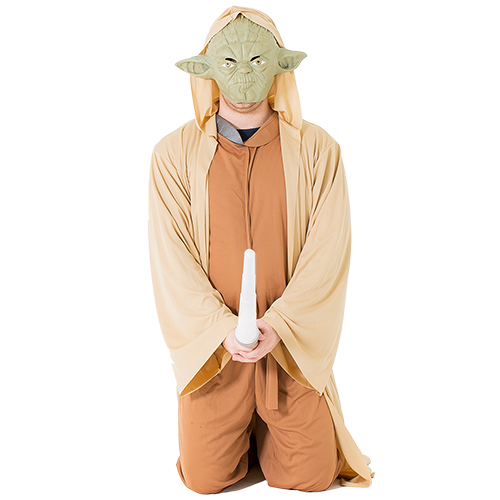 Yoda costume modeled with lightsaber