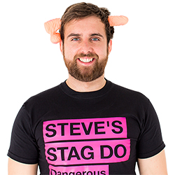 A close up of the male model wearing the willy through head accessory 