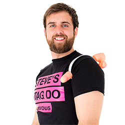 A shot of the male model wearing the willy through head accessory on his arm