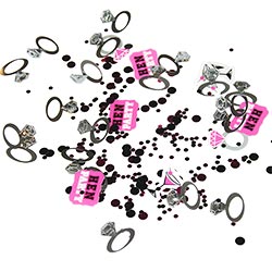 Hen party confetti, including dots, rings and Hen Party stickers, to a white backdrop