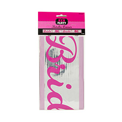 A Bride-to-Be metallic banner with pink trim in its packaging 