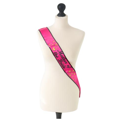 A pink and gold Mother of the Bride sash on a mannequin