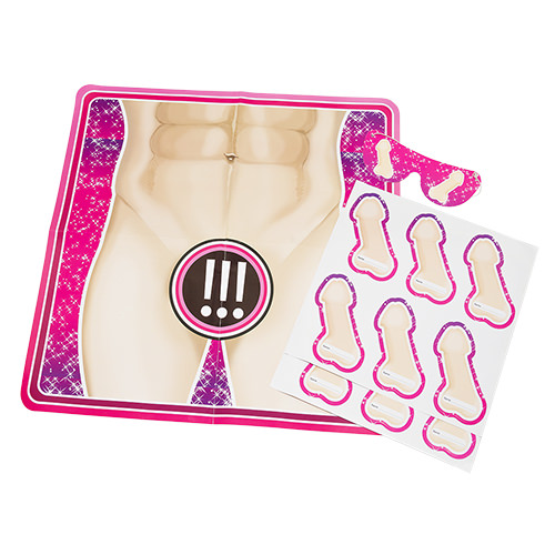 An image of a male crotch area with some willy stickers and a willy adorned blindfold