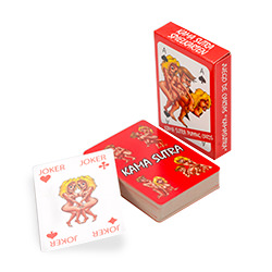 A box of kamasutra playing cards with the cards in front and the joker turned over