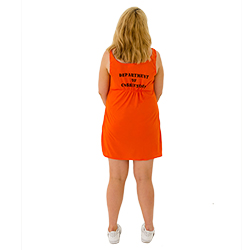A girl turned to the back, with an orange prisoner dress on