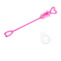 A pink bubble wand with a heart on the end