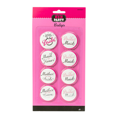 Eight hen party badges in their packaging
