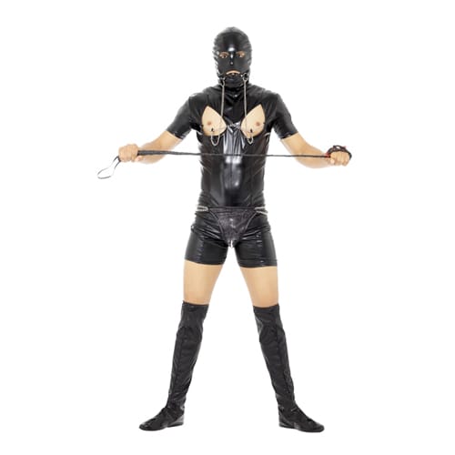 A man wearing a gimp costume for his stag night, holding a whip