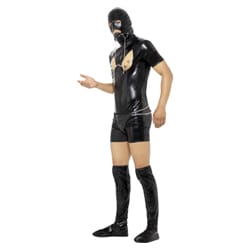 A man wearing a gimp costume including a ball gag and thong, holding his hand out
