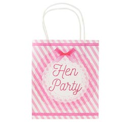 A pink and white hen party bag from the front