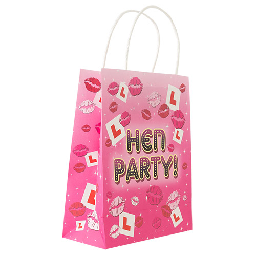 A hen party gift bag standing upright 