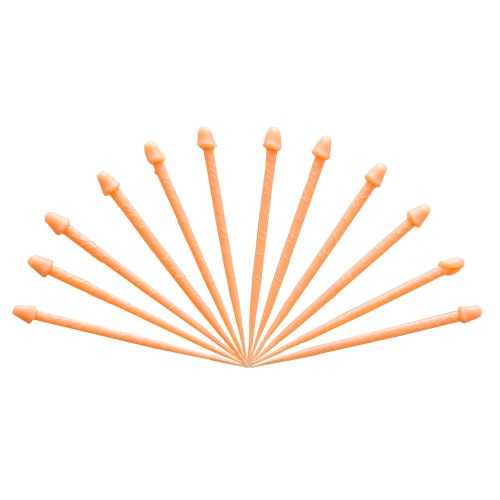 12 willy toothpicks fanned out against a white background