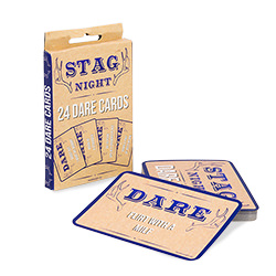 Front of a packet of stag night dare cards turned slightly to the side with some cards lying in front