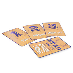 The stag night rating cards laid out on the table 