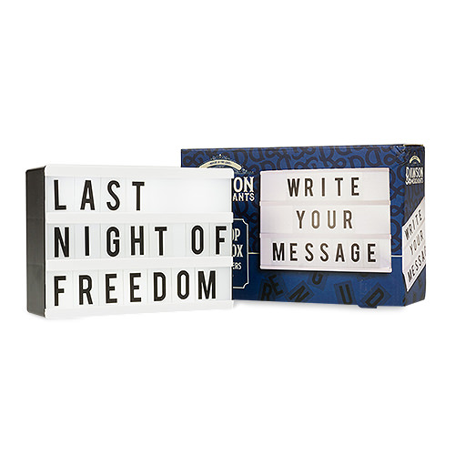 The light box with Last Night of Freedom written on and the box next to it
