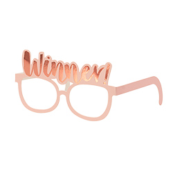 Winner glasses in pink with rose gold writing.