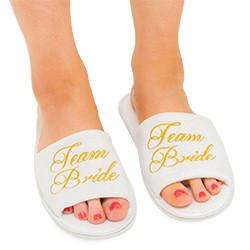 A view of the lettering on the front of the slippers.