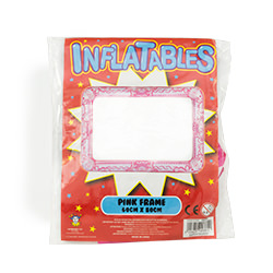 Bright pink, ornate, inflatable selfie frame in its packaging