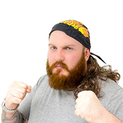 A man wearing a mullet with flame bandana attached