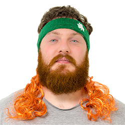 A man wearing a green sweatband with a ginger Irish mullet attached