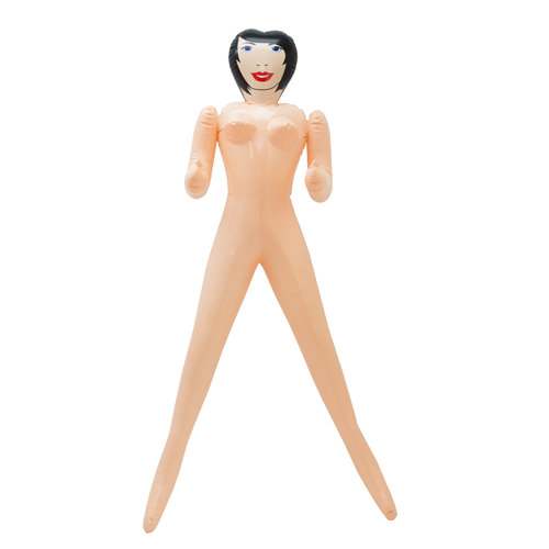 Inflatable female doll with black hair and blue eyes.
