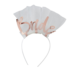 Rose gold bride headband with veil and rose gold lettering