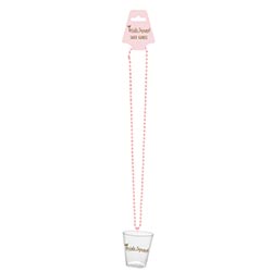 Shot glass on a baby pink beaded chain.