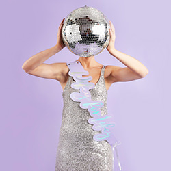 Somebody wearing the sash and holding up a mirror ball.