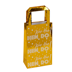 Shiny gold Woo Hoo Hen Do gift bags.