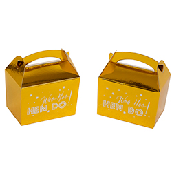 Metallic gold Whoo Hoo Hen Do favour boxes.