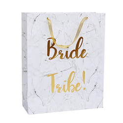 Marble effect gift bag with gold foil text and handle.