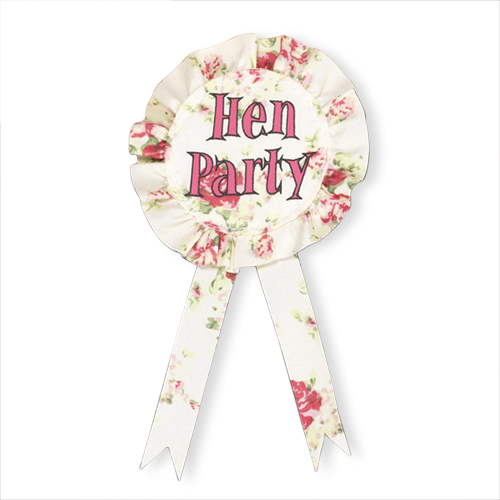 Cream, floral print rosette with hot pink hen party lettering.