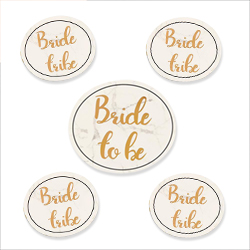 A set of five badges, one bride to be and four bride tribe.