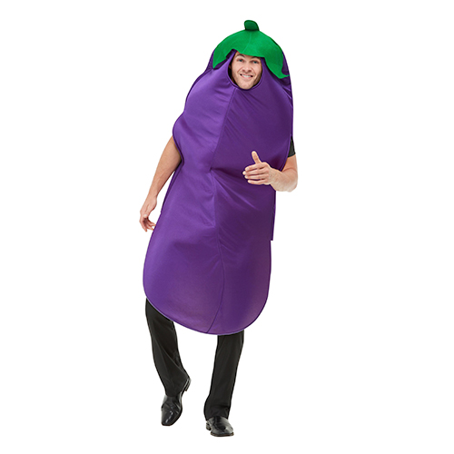 Aubergine costume with green top.